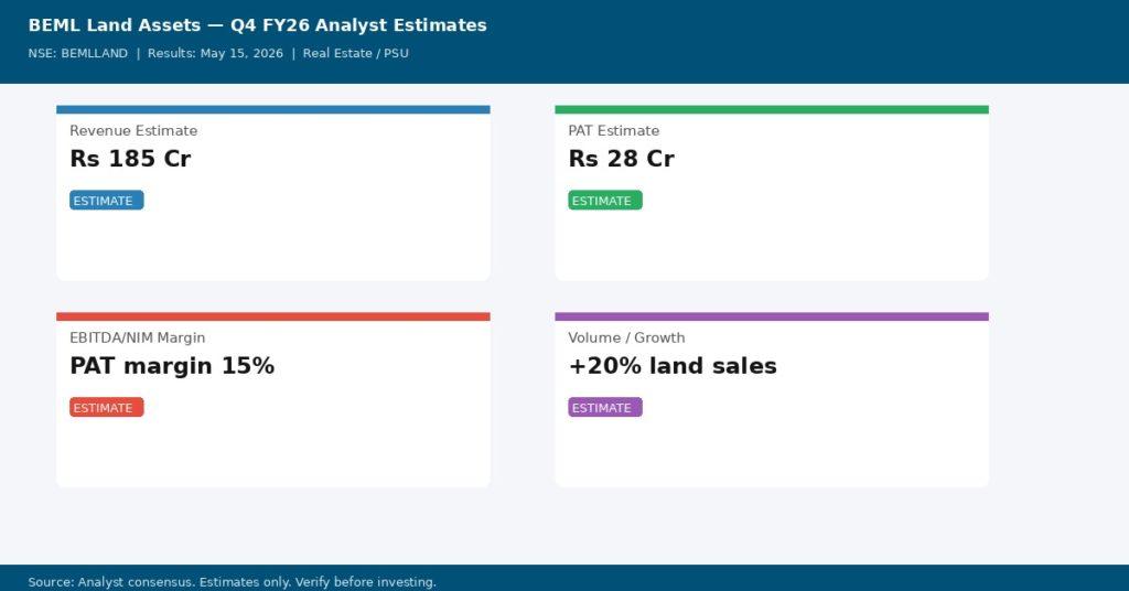 BEML Land Assets Q4 FY26 analyst consensus estimates — Revenue, PAT, Margin