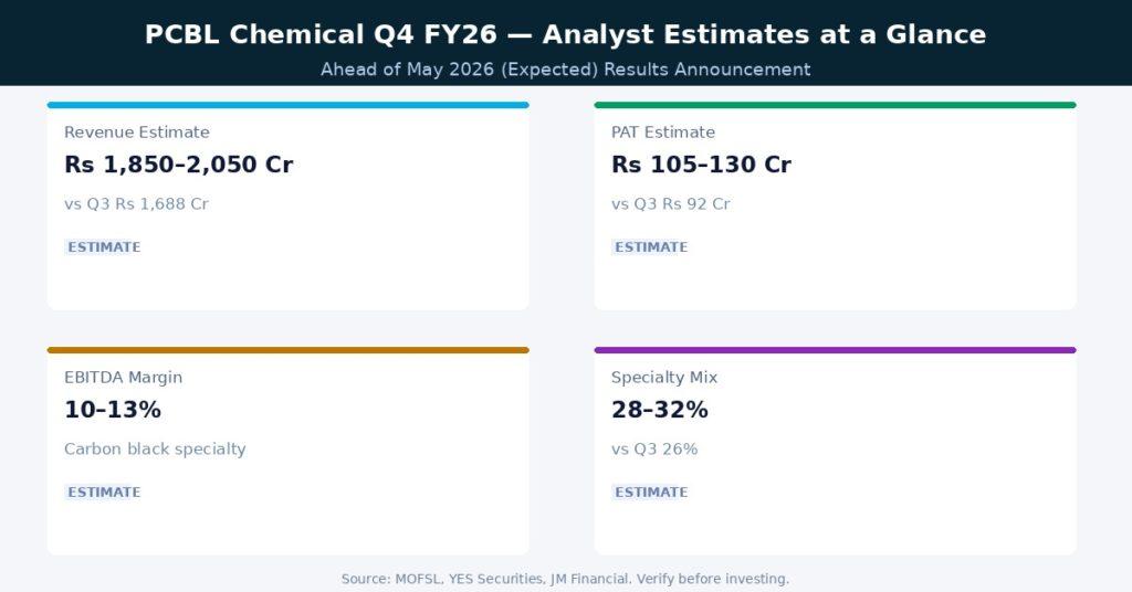 PCBL Chemical Q4 FY26 Analyst Estimates at a Glance Source MOFSL, YES Securities, JM Financial