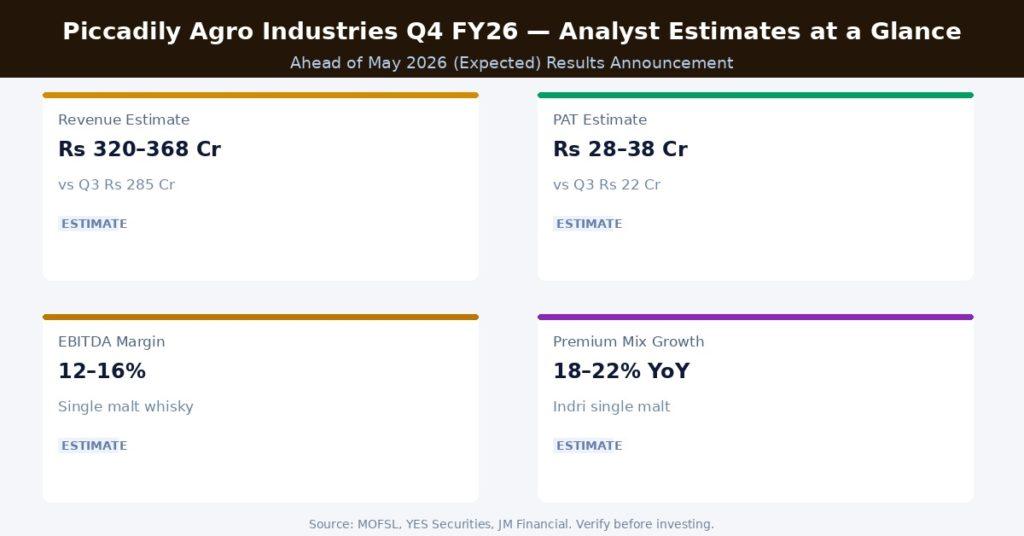 Piccadily Agro Industries Q4 FY26 Analyst Estimates at a Glance Source MOFSL, YES Securities, JM Financial
