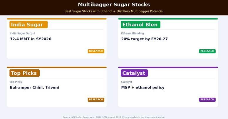 Multibagger sugar stocks 2026 — India sugar output 32.4 MMT, ethanol blending target 20% by FY27. Top picks: Balrampur Chini, Triveni, EID Parry, Dhampur.